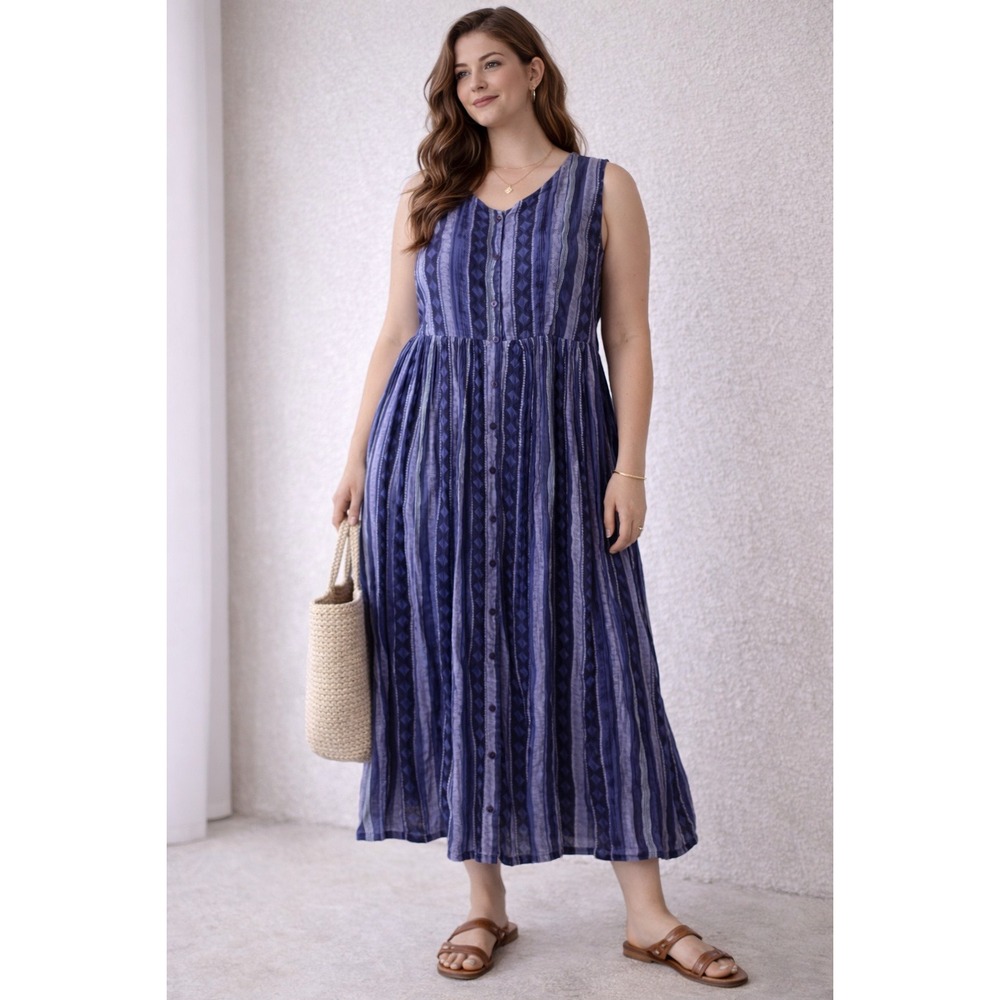 Blue Boho Cotton Button Front Convertible Dress Duster Cottagecore Prairie Midi